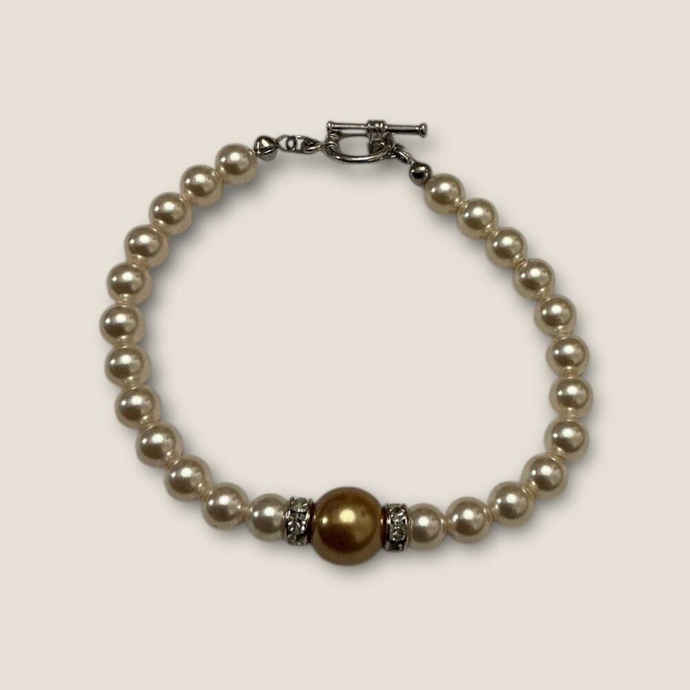 7.5" Faux Pearl Bracelet With Rhinestones & Gold Accent Bead Elegant Jewelry